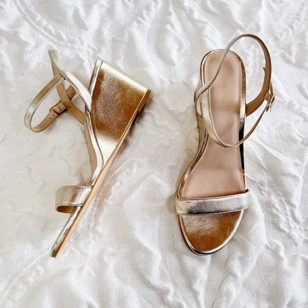 Stuart Weitzman Metallic Gold Wedge Sandals - Picture 4 of 9